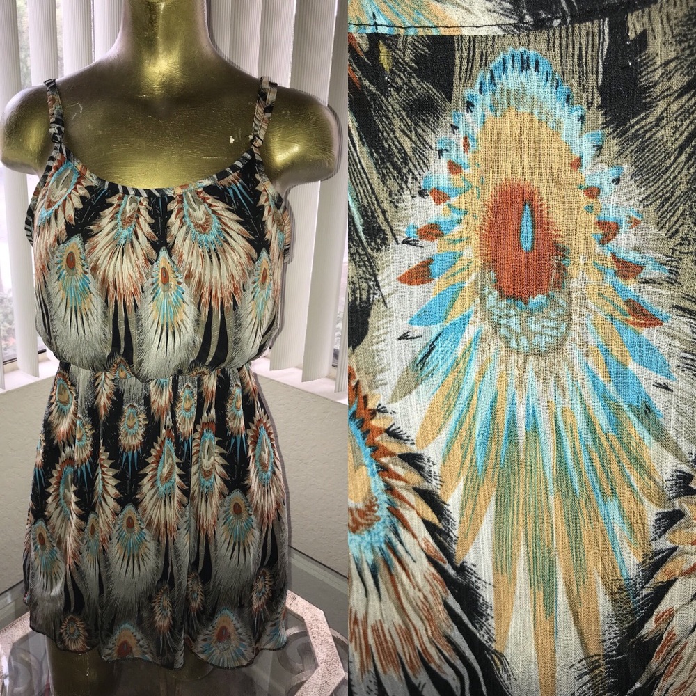 BOHO Feather Print Chiffon Babydoll Dress Size Small